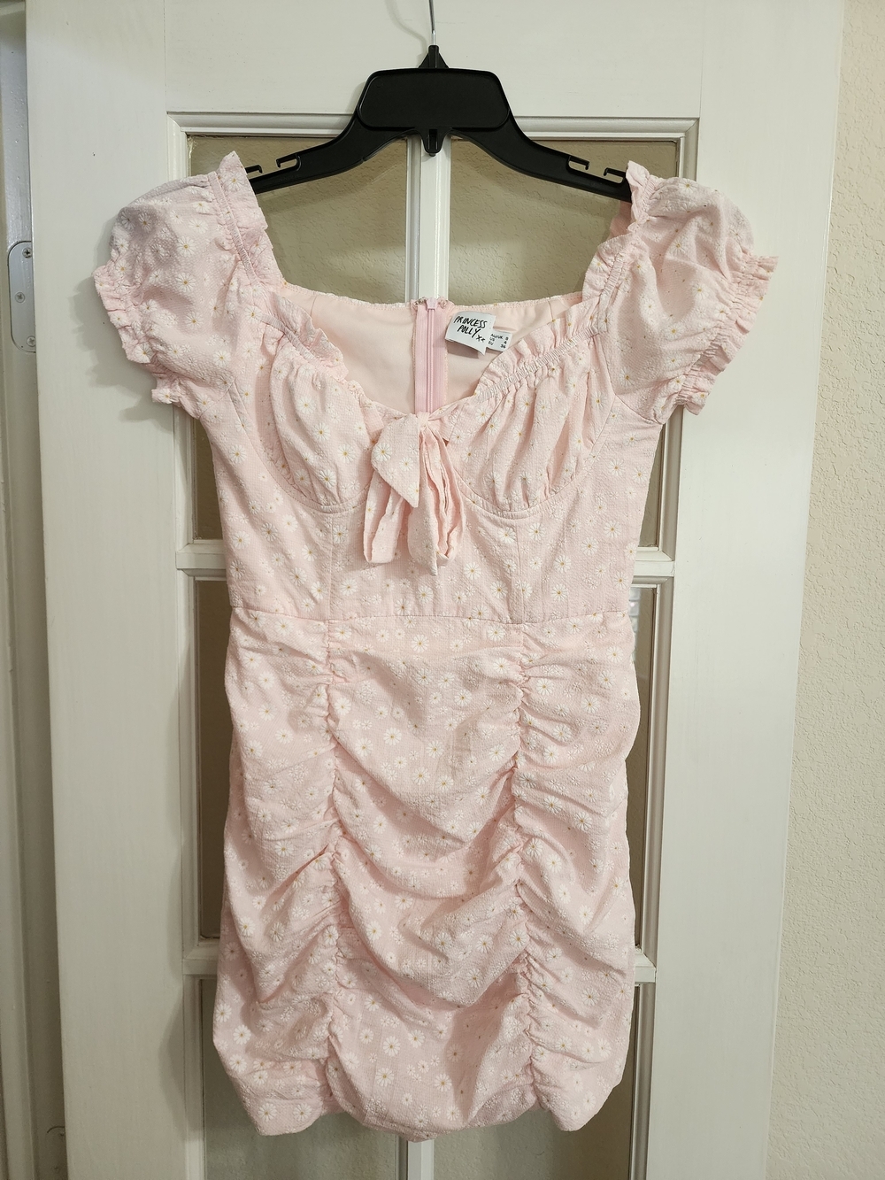 Princess Polly Pink Daisy Ruched Puff Sleeve Mini Dress US 4 Cottagecore